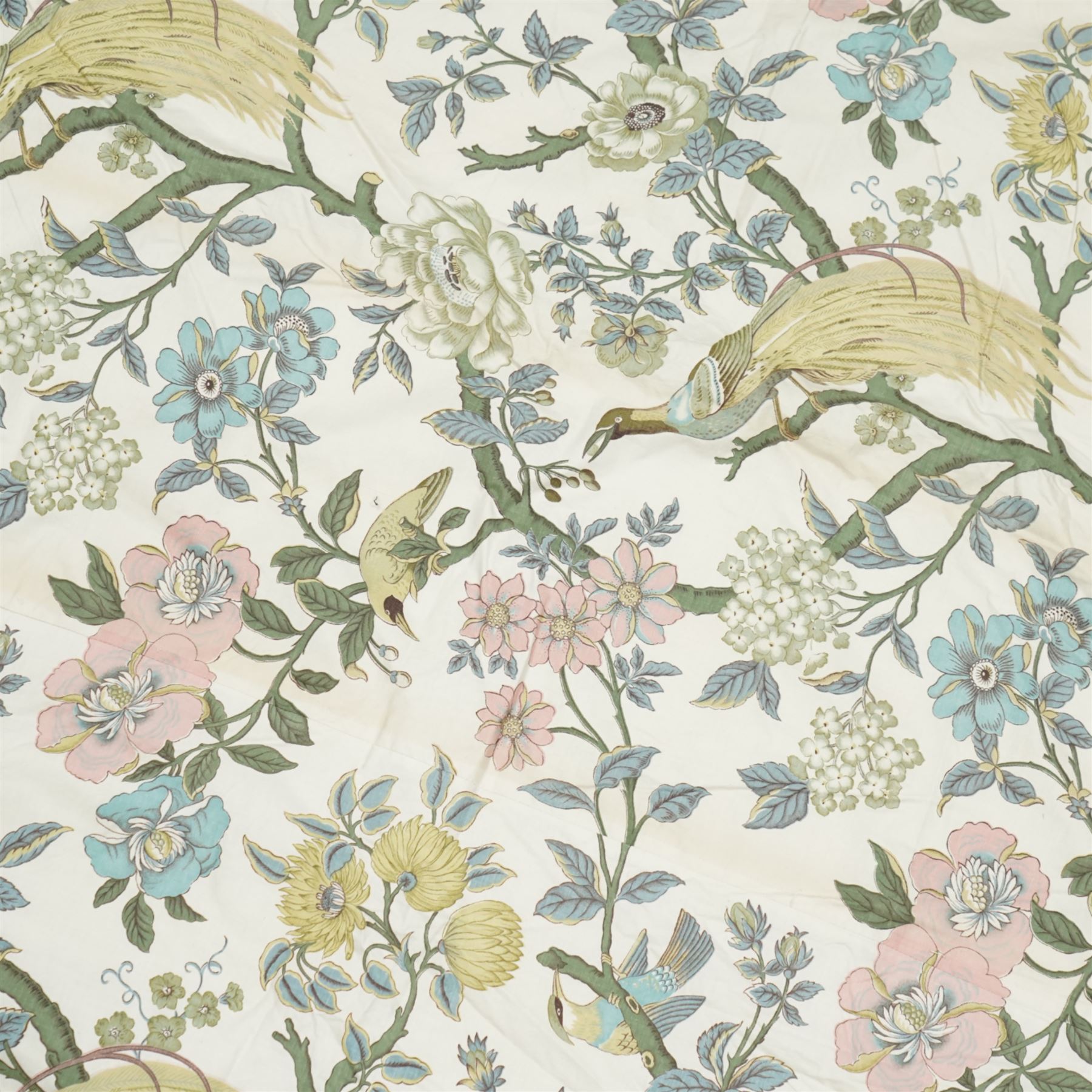 Pair of large quality full length lined and padded ivory ground curtains profusely decorated with birds of paradise and exotic flora, in a predominantly pastel palette

Pelmets W 335cm