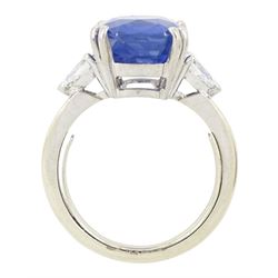French 18ct white gold and platinum three stone unheated Ceylon sapphire and diamond ring, the single mixed cushion cut sapphire of 8.49 carat, with Gem Paris report, flanked by pear cut diamonds, hallmarked, total diamond weight approx 0.60 carat