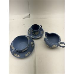 Wedgwood Jasperware tea and coffee wares, comprising teapot, coffee pot, milk jug, covered sucrier, coffee can and saucer and teacup and saucer 