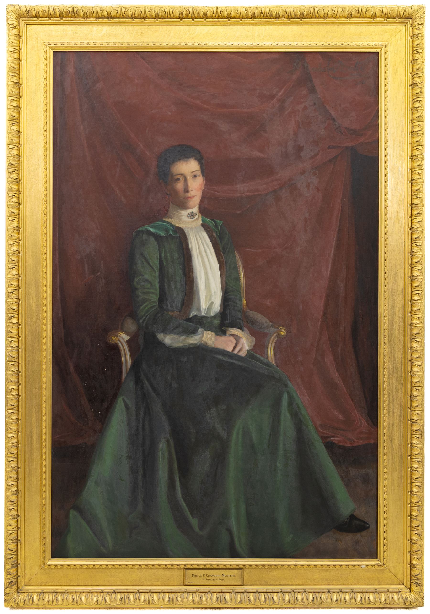 Noel Denholm Davis (British 1876-1950): Portrait of 'Mrs J.P. Chaworth Musters' (neé Mary Anne Sharpe) of Annesley Park, oil on canvas signed and dated 1902, titled on plaque 171cm x 110cm