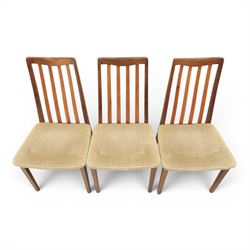 G-Plan - mid-20th century teak 'Fresco' circular extending dining table and six chairs, circular top with storable fold-over leaf extending to 166cm