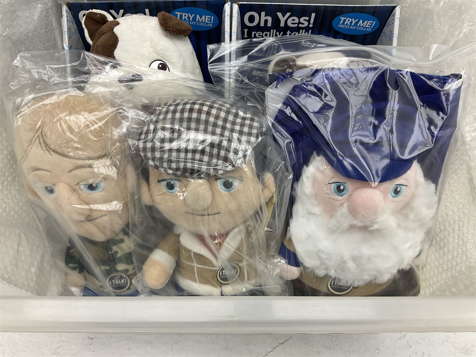 Only Fools and Horses stuffed toys, Churchill dogs and quantity of PG Tips merchandise and stuffed monkeys etc in two boxes