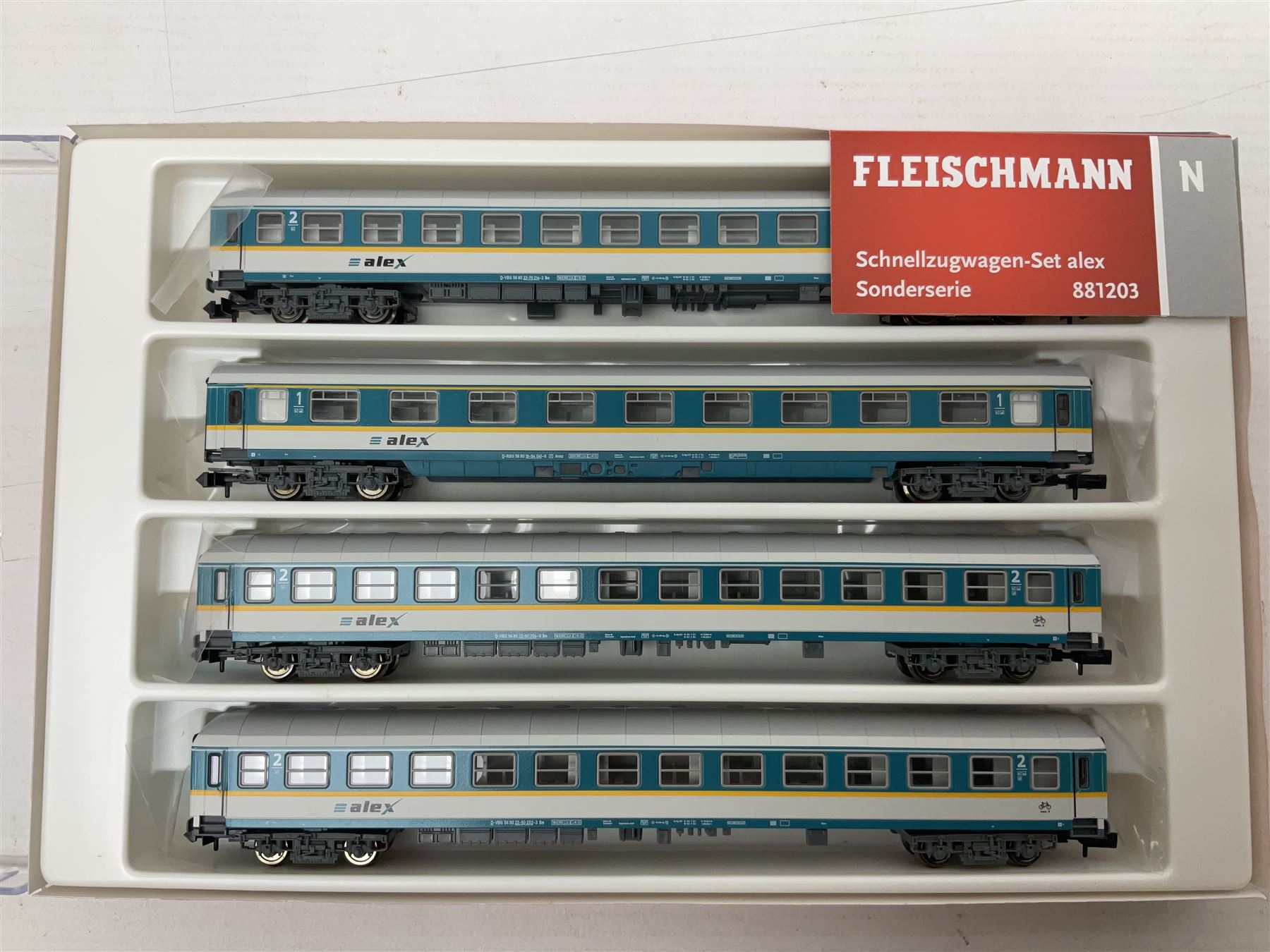 Fleischmann 'N' gauge - No.881203 Schnellzugwagen-Set alex Sonderserie; another Alex restaurant car with pantograph over No.816202; and three other passenger coaches/restaurant car Nos.7444K, 860601 & 860701; all boxed (5)