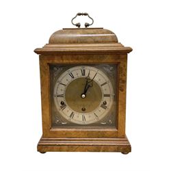 Elliot- late 20th century 8-day walnut bracket clock in an 18th century styled case, with a brass dial, brass spandrels and a slivered chapter ring, three train Westminster chiming movement with a lever balance escapement, chiming the quarters on eight gong rods.