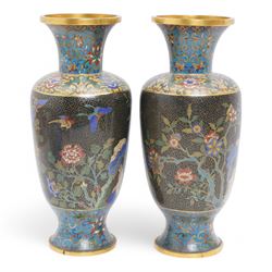 20th century Japanese jar and cover decorated with birds and flowers on a blue ground H24cm, pair of floral decorated cloisonne vases H32cm and a cloisonne pot pourri with pierced cover 