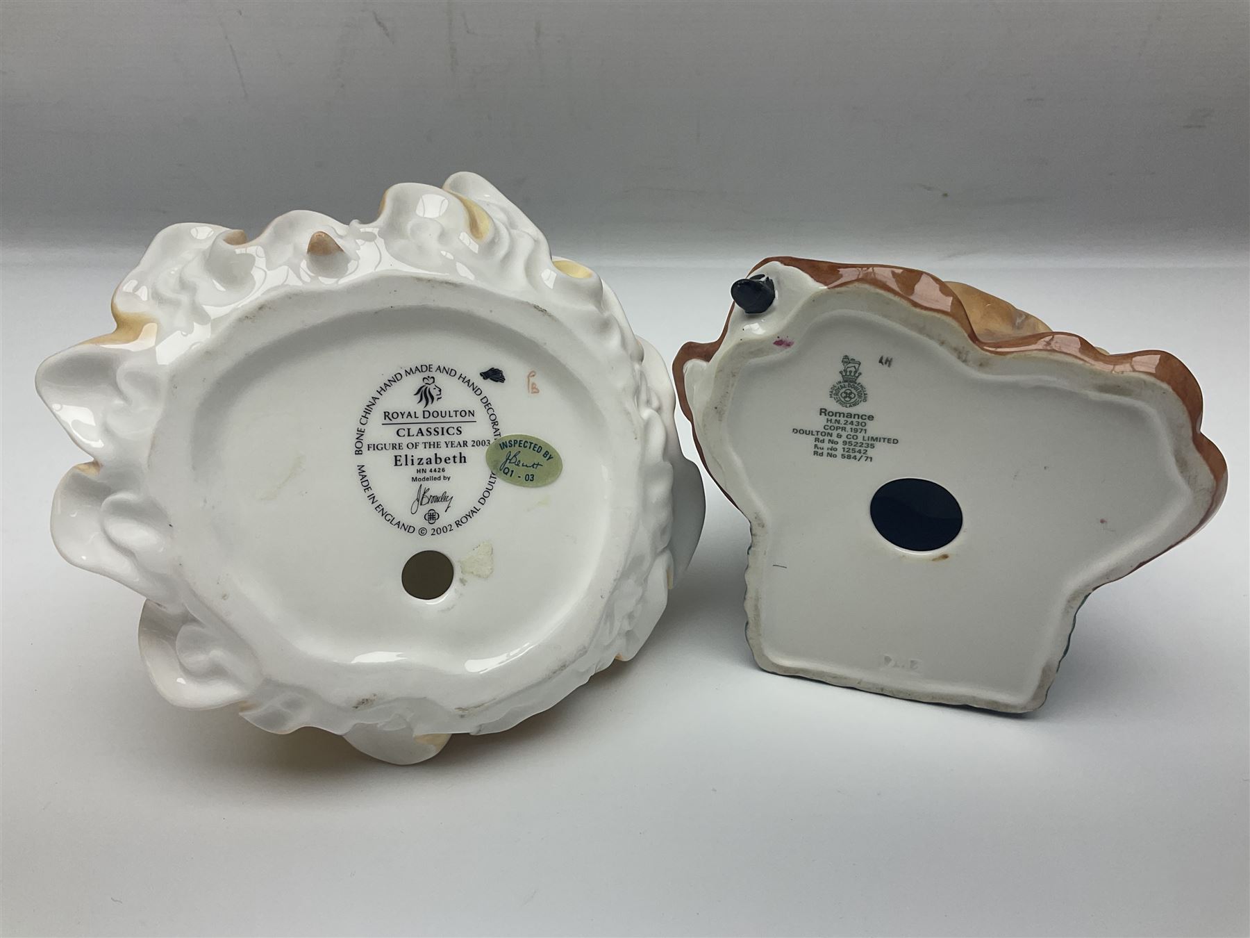 Six Royal Doulton figures, comprising Romance HN2430, Sarah HN3978, Rachel HN3976, Patricia HN3365, Elizabeth HN4426 and Reverie HN2306, all with printed mark beneath  