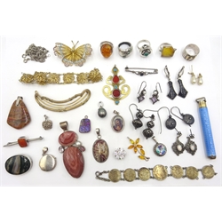 French silver-gilt hair clip, enamel case, pairs silver ear-rings, rings, pendants stamped 925