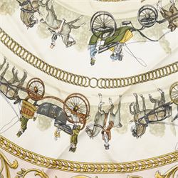Hermes 'La Promenade de Longchamps' silk scarf in the cream pink and gold colourway, designed by Philippe Ledoux, 86cm x 86cm