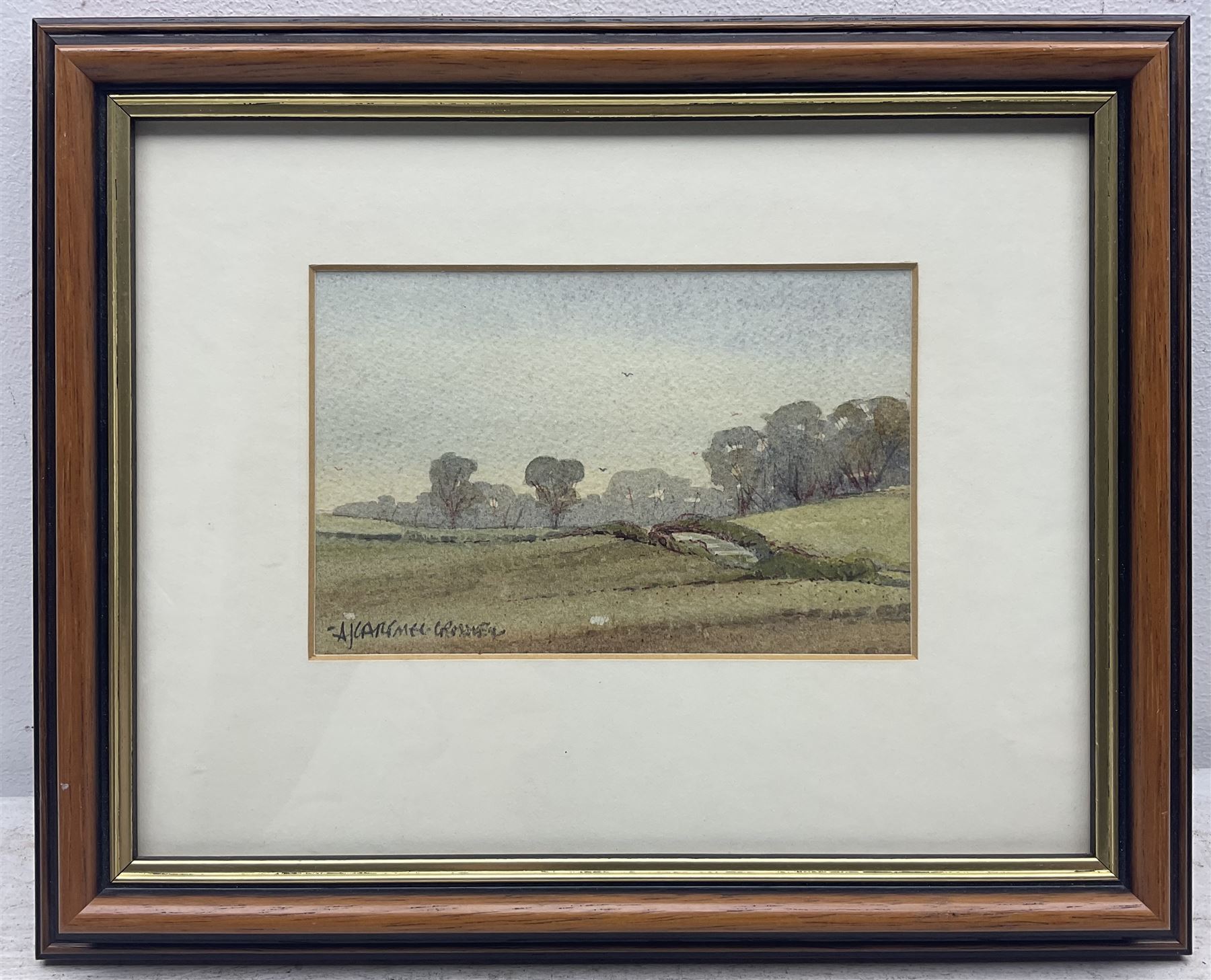 Henry George Walker (British 1876-1932): The Village Inn, etching with hand colouring; English School (Early 20th Century): Whitby Boats, watercolour unsigned; Hubert Ernest Bulmer (British 1874-1963): 'The Lodge - North Stainley Hall Nr Ripon', watercolour signed titled and dated 1948; John Cartmel Crossley (British 1933-?): 'The Road to Eglingham', watercolour signed, titled verso max 24cm x 34cm (4)