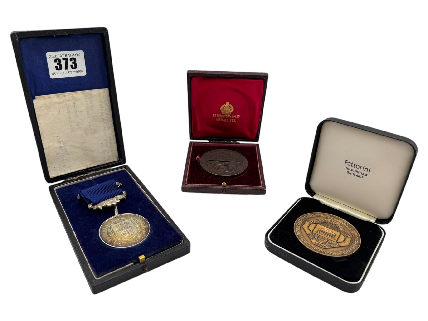 Silver perfect attendance medal for Hull Education Committee, bronze medallion for Hull Young Peoples Christian and Literary Institute and a guild of building medallion, all cased