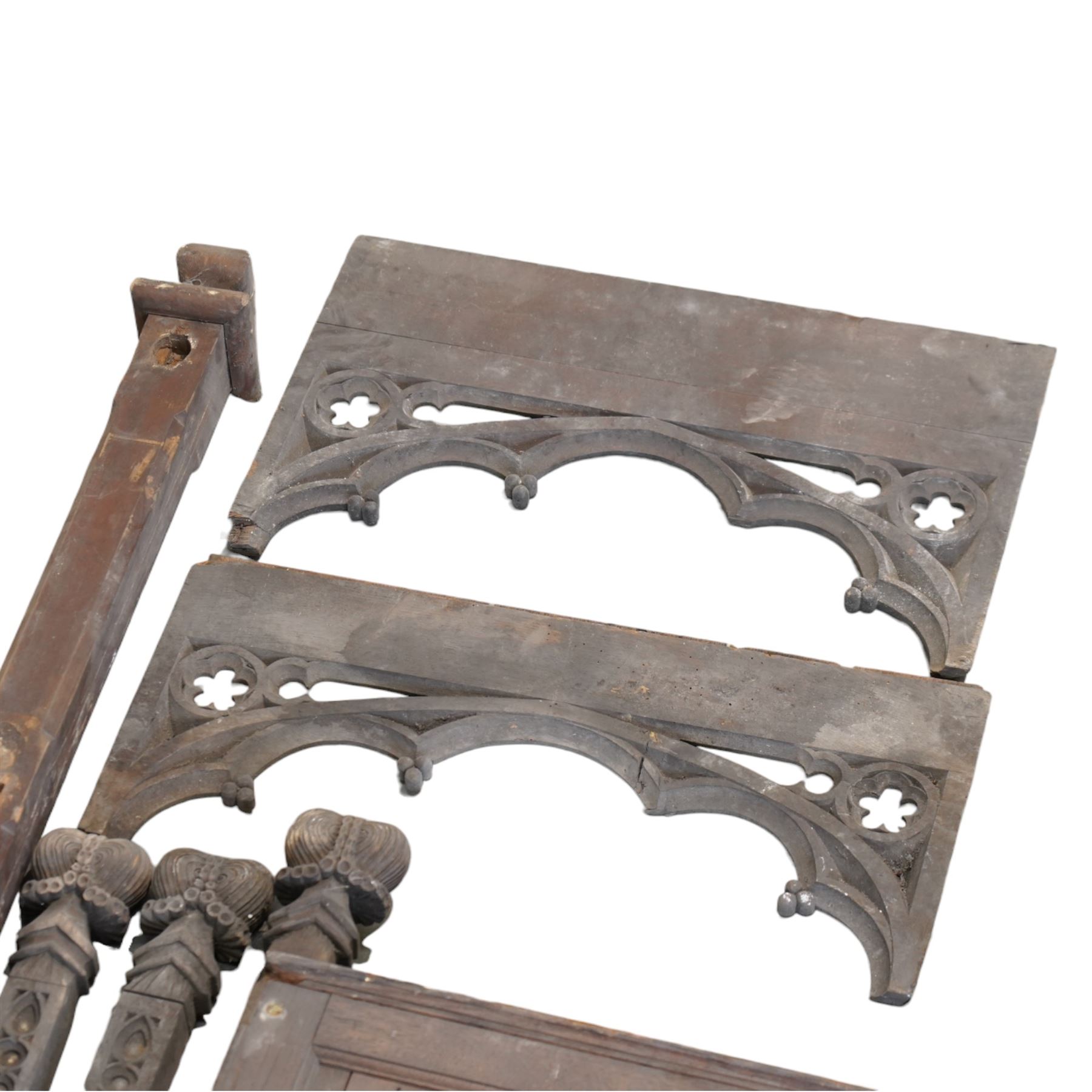 Architectural Salvage - Quantity of 19th century oak church panels including gilt decorated statue stand, carved fret work rails, confessional door with carved uprights etc
Notes: Removed in the 19th century from the church in the grounds of a private Yorkshire estate 
Provenance: property of a Nobleman