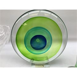 Murano style glass flamingo in merging green and blue upon clear circular spreading base, together with a circular glass ornament in the same colourway, Waltherglass square pedastal dish, other glass dishes and animal figure, tallest H26cm