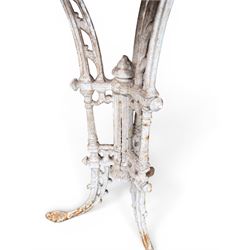 Victorian ornate cast iron garden table, trefoil base with central enclosed column, circular top with later marble, with registration mark