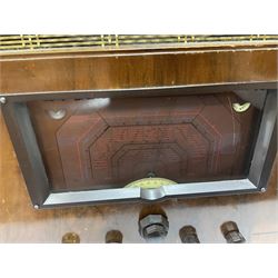 1930s Marconi Type 561 valve radio, in shaped Art Deco case with woven brass overlaid speaker, circa 1937, H58cm W50cm