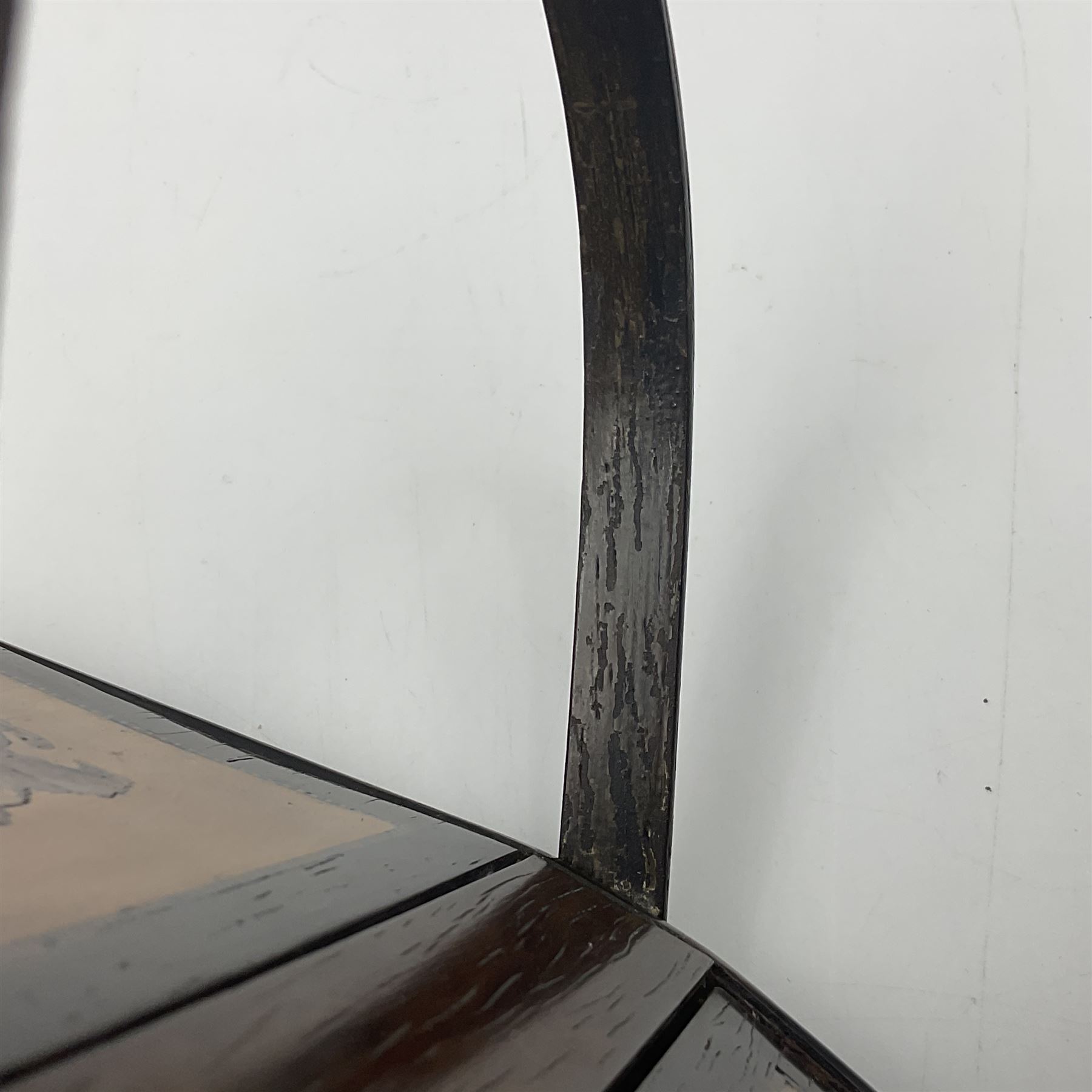 19th century rosewood Tunbridge Ware basket, of rectangular form with curved bentwood handle, and twin hinged sloping covers, lifting to reveal paper lined interiors, not including handle H5.5cm D10.5cm L18cm