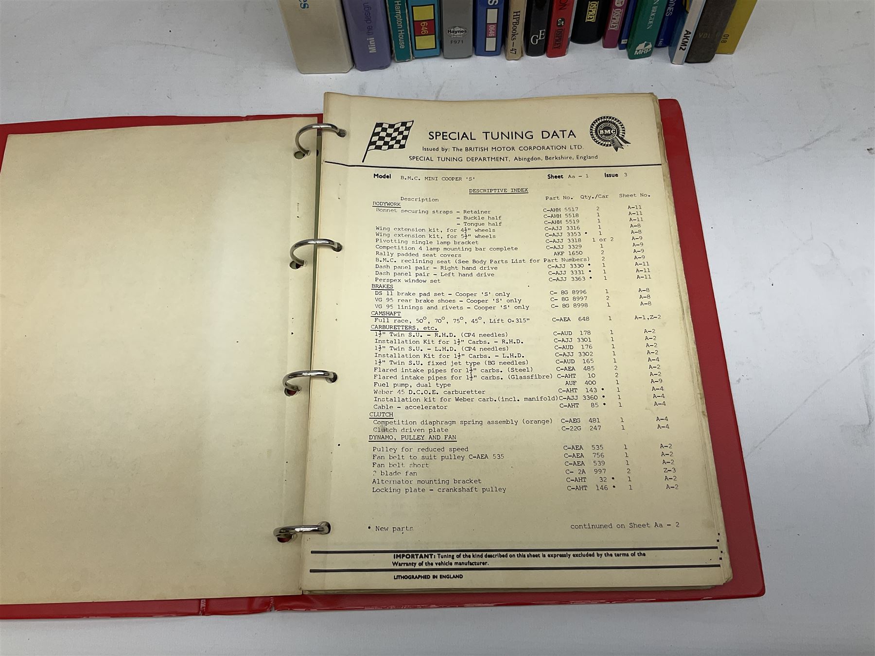 Automobilia - collection of books and ephemera on Mini Cars including BMC Special Tuning Folder for Mini-Cooper 'S', 1972 Handbook, Austin and Morris Mini Cars by Sydney Page 1962, Haynes Manuals, Mechanical Parts Catalogue 1998, thirty and forty years commemorative books, Austin Rover Service and Parts Correspondence Course 1977, video tape and DVD etc (27)