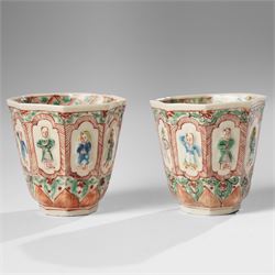 Pair of Chinese Kangxi period Blanc de Chine octagonal 'Immortals' beakers, Dehua, enamell...
