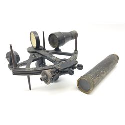 Henry Hughes & Son 'Husun' black finished brass sextant marked H (broad arrow) O No.287 W29cm; and a 19th century Harris & Son London brass three-draw telescope with leather covered tube L72cm extended (2)