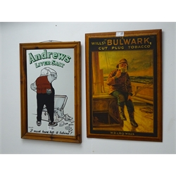  Rectangular pine framed 'Andrews Liver Salt' mirror (W36cm, H51cm0 and a 'Willss' Bulwark cut plug tobacco' advertisement board (W38cm, H52cm)  