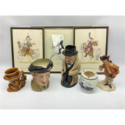 Royal Doulton Winston Churchill toby jug, 8360, together with Royal Doulton Field Marshal Montgomery character jug D6202, Beefeater character jug, other ceramics and three prints