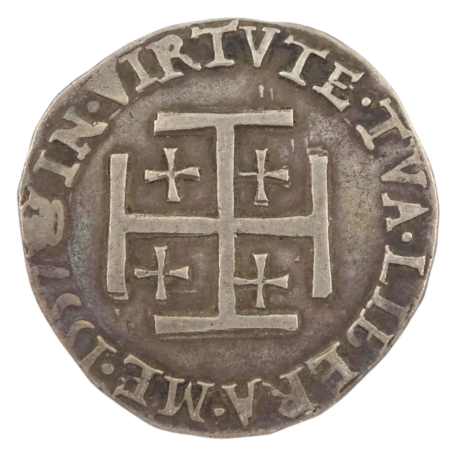 Scotland, Mary, first period, 1557 testoon coin, cross potent obverse, crowned shield reverse, approximately 5.9 grams