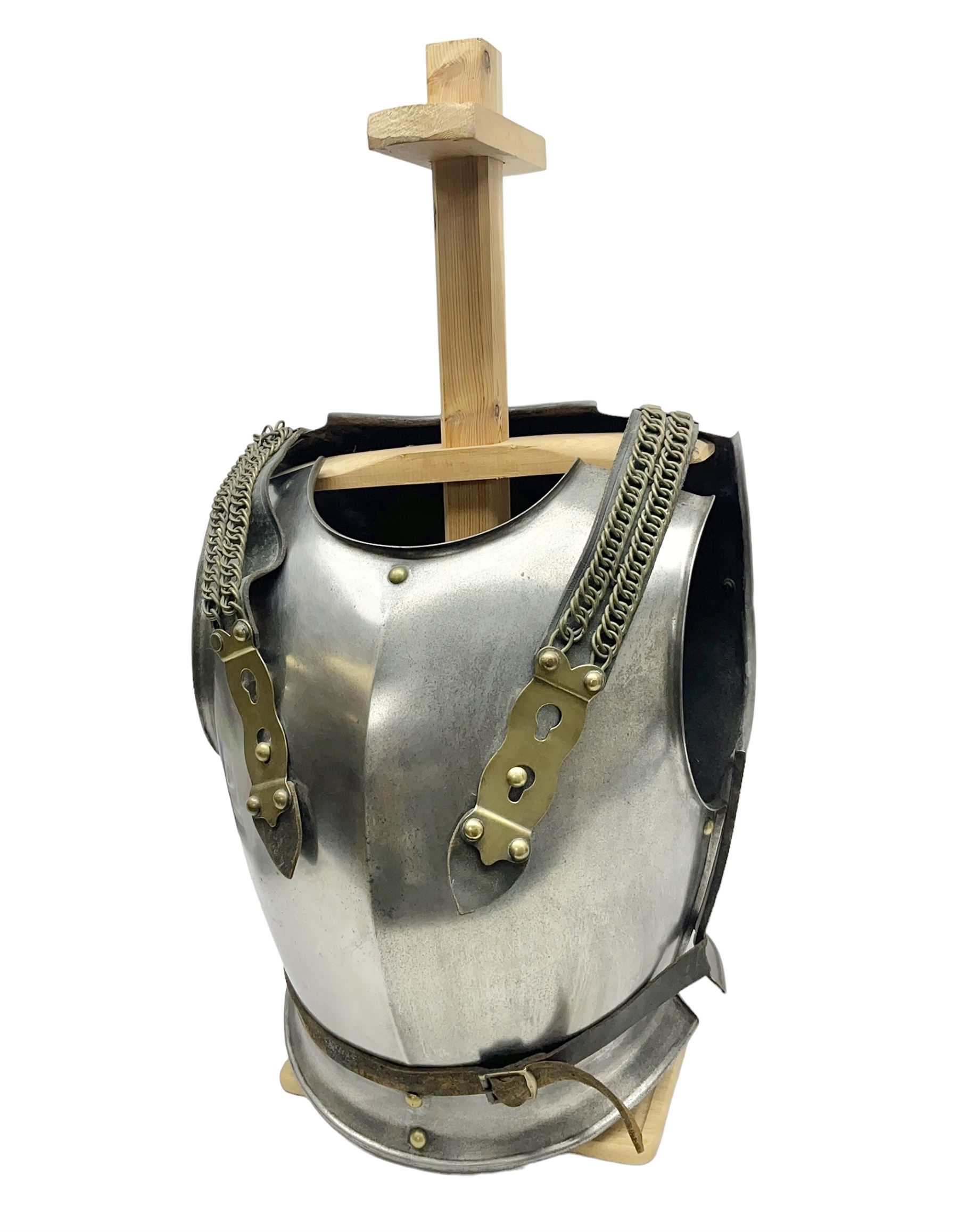 French 2nd Empire Cuirassiers breastplate and backplate, both marked internally along the bottom flange August 1862 for the Premier Guard Lancers No.450; on modern wooden display stand