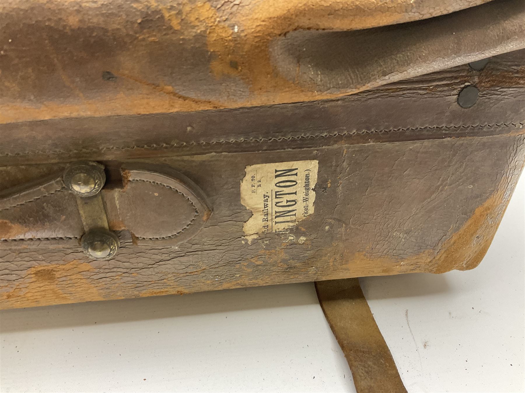 19th century leather suitcase, with brass plaque to cover engraved 'C R F Lutwidge Esq', the pink silk and white kid leather interior with pouch and edging impressed with gilt lettering reading 'By Appointment of Prince of Wales J W Allen 37 Strand Maker Prize Medal Awarded', H21cm, W73cm, Notes: Charles R. Fletcher Lutwidge, was mayor of Tunbridge Wells between 1895-1898, and again between 1901-1902