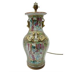 19th century Chinese Canton Famille Rose vase, decorated with figural panels against floral and foliate scroll ground, converted to a lamp, H46cm