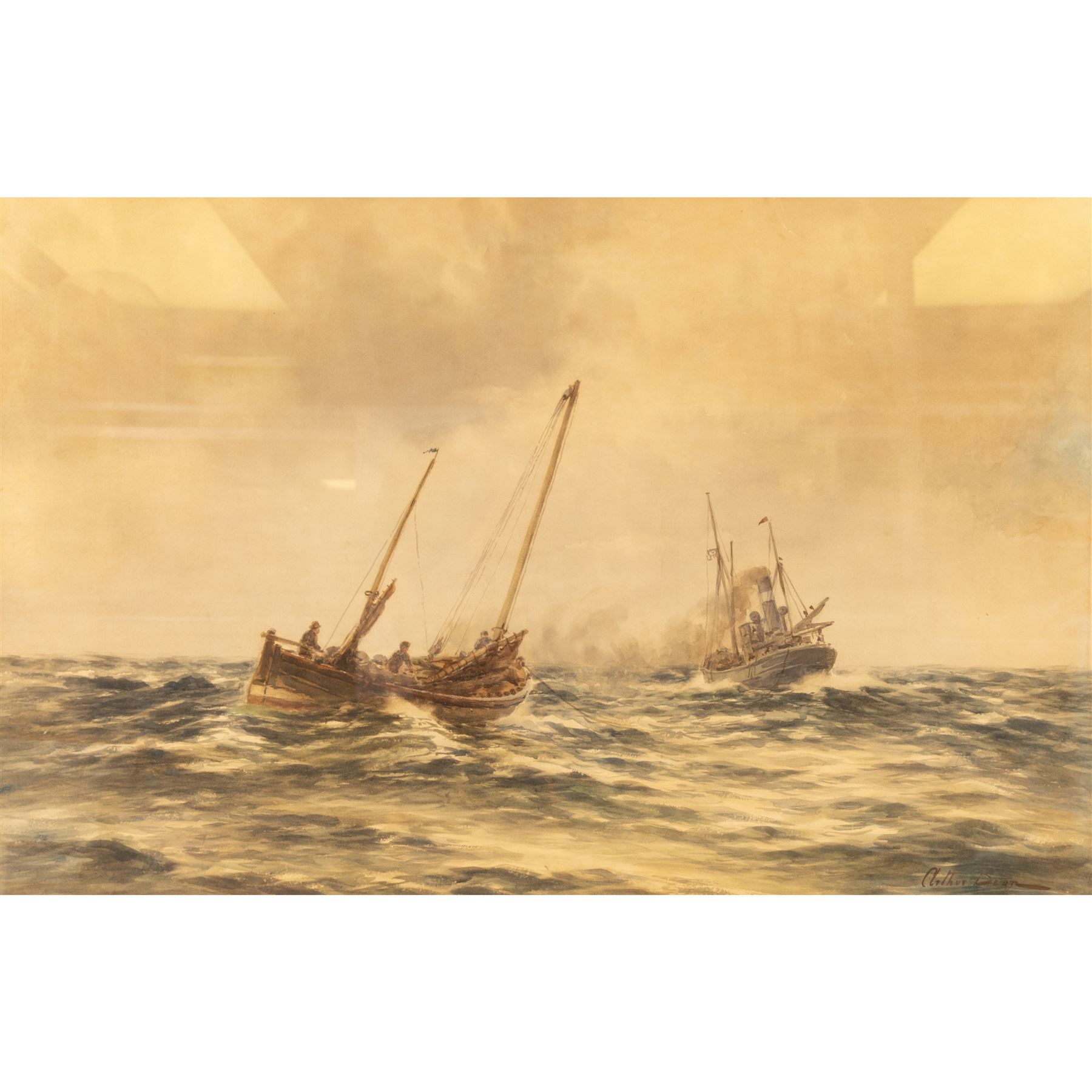 Arthur Dean (British 19th/20th Century): Fishing Coble and Steam Trawler, watercolour signed 48cm x 74cm 
