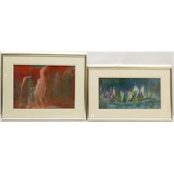 Madeleine Eyland (Belgian/British 1930-2021): 'Red Waterfall', 'Christmas' and 'In the Cornfield', three pastels signed, max 25cm x 35cm (3) 
Provenance: artist's studio collection. Marie-Madeleine Eyland (neé Legrain) was born in 1930 at Floriffoux, Belgium; she lived most of her life in Scarborough working as a nurse and an artist.