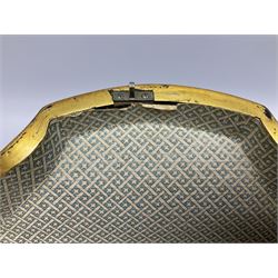 Victorian papier-mâché stationary box, of rounded wedge form with mother of pearl escutcheon, the hinged and curved cover and sides hand painted with floral sprays, opening to reveal a lined and fitted interior, H15cm L22cm D16cm