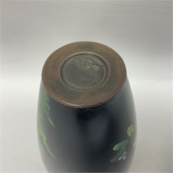 Japanese cloisonne enamel vase, of baluster form, decorated with a scene of flowers and butterflies upon a black ground, H15.5cm