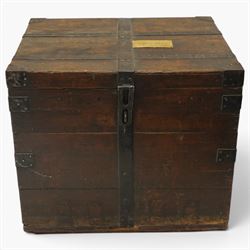 Early 19th century oak and wrought metal bound plate chest, the hinged lid with an engrave...