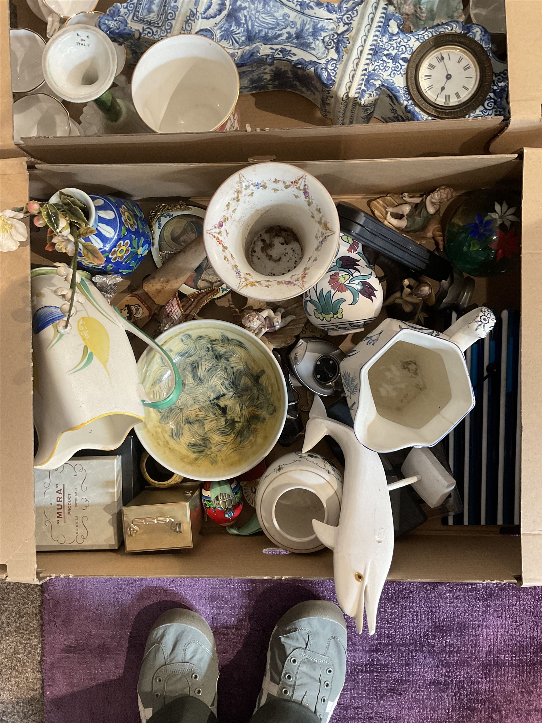 Mixed ceramics, to include a Susie Cooper jug, studio pottery dish, Delft clock, Coalport Mulberry Hall pot and reproduction mascaron jug, contents in two boxes