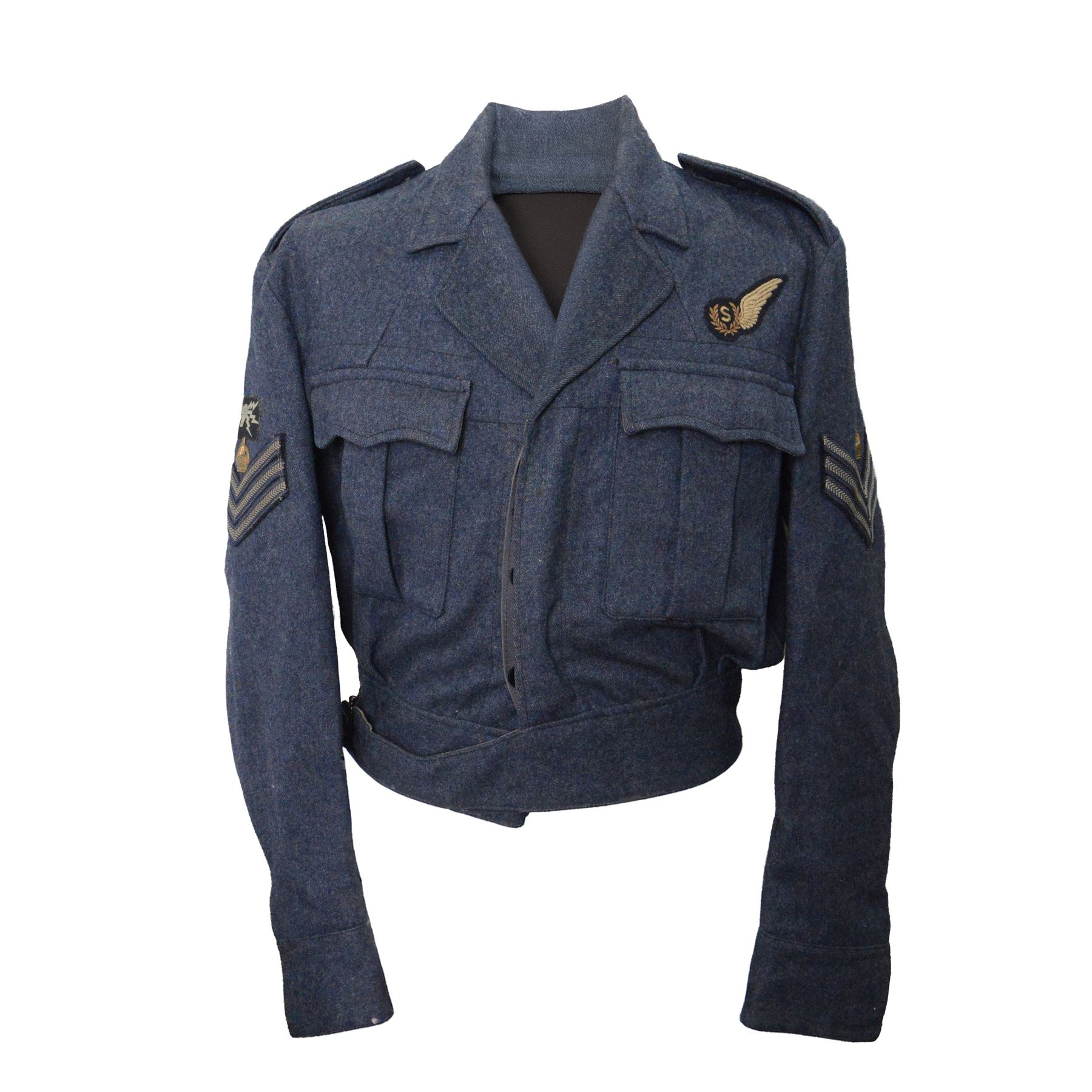 WWII Royal Air Force battle dress blouse, belonging to Flight Sargent Colin Scott 3011422, dated 1945, tailors label for M & N Horne Ltd 1945, Size No 7, blue cloth, Signaller cloth brevet, wireless officers patch to right sleeve and braid sergeant stripes to both sleeves, together with his flight log book, postings & Movements, Royal Air Force Service and Release Book, photographs etc  
