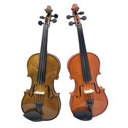 Stentor Student violin with 36cm two-piece back and spruce top, bears label 'The Stentor Student II No.1117807' L59cm; and another similar student's violin by Palatino (2)