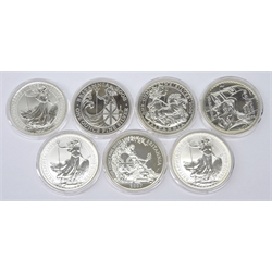  Seven one ounce fine silver Britannias 1998, 2000, 2003, 2006, 2007, 2008 and 2009, all in protective capsules  
