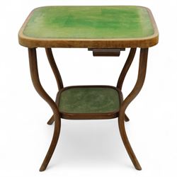 Early 20th century Thonet bentwood card table, square top with rounded corners inset with green baize, four slide-out card trays beneath, on shaped bentwood supports joined by a central stretcher
