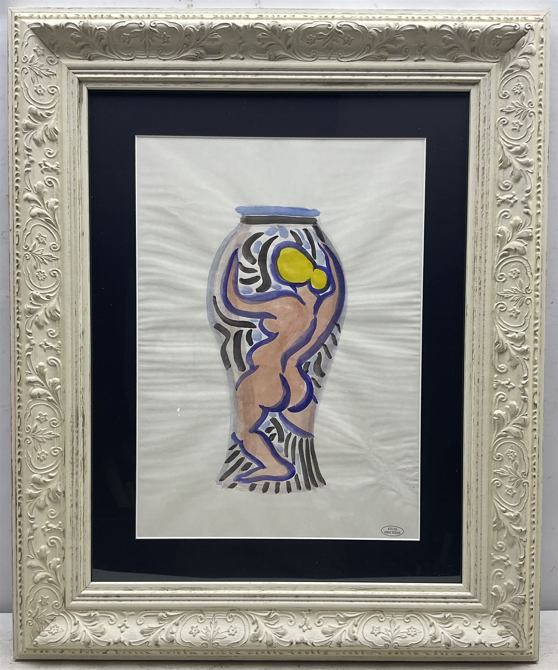 André Derain (French 1880-1954): Vase with Female Nude - probably a design for a ceramic vase, watercolour signed with studio stamp 40cm x 29cm 