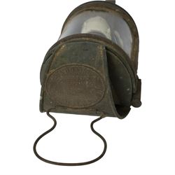 20th century brass and copper carriage lantern, with curved glass front, the brass oval plaque with details for Shand Mason & Co Fire Engine makers, Upper Ground Street, Blackfriars Rd, London, H32cm