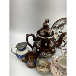 A group of 19th century ceramics, to include large Barge ware teapot, the treacle glaze ground decorated with applied bird and floral detail and cartouche detailed 'Home Sweet Home', a smaller Barge ware teapot, three graduated pink lustre jugs and a slop bowl, a group of copper lustre tea wares, pot lid detailed 'The Enthusiast', Copbridge jug with hinged pewter cover, etc. 