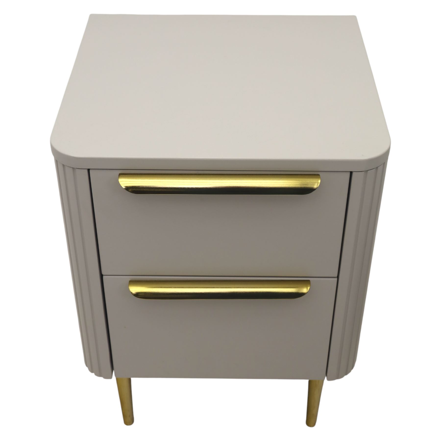 Made.com - 'Ebro' pair of grey bedside chests, gold painted metal shaped handles, rounded corners with fluted detail, raised on gold painted metal tapered supports