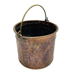 19th century riveted copper and brass mounted coal bucket of cylindrical form 