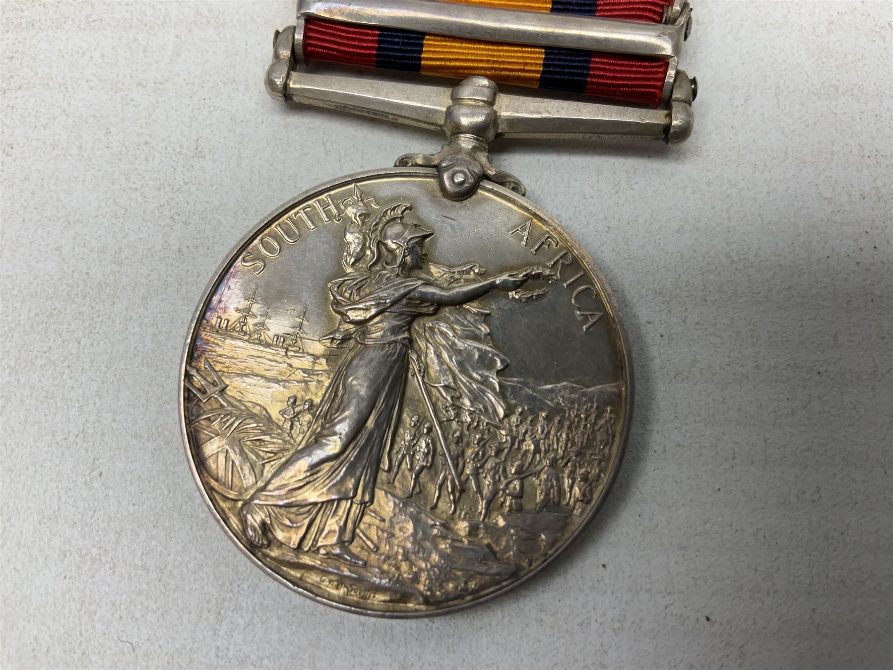 Queens South Africa Medal with five clasps for Laing's Nek, Transvaal, Relief of Ladysmith, Tugela Heights and Cape Colony awarded to 25767 Sapr. J. Hawke R.E. with ribbon