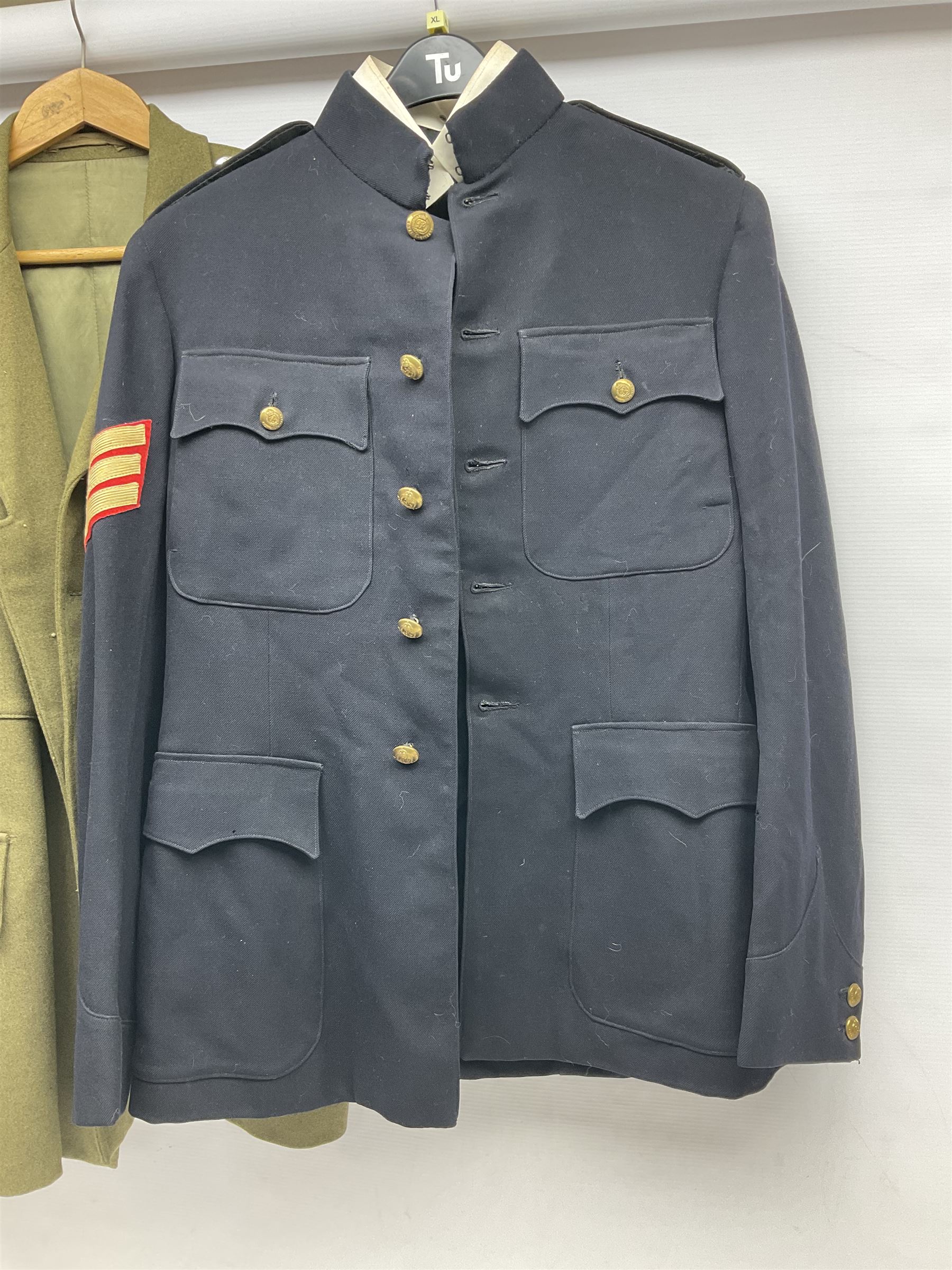 Five military uniforms comprising German Wachbataillon tunic, RASC No.2 dress tunic dated 1963, RAF tunic and trousers dated 1974, RE No.1 tunic and RN Seamans jumper Class II (5)