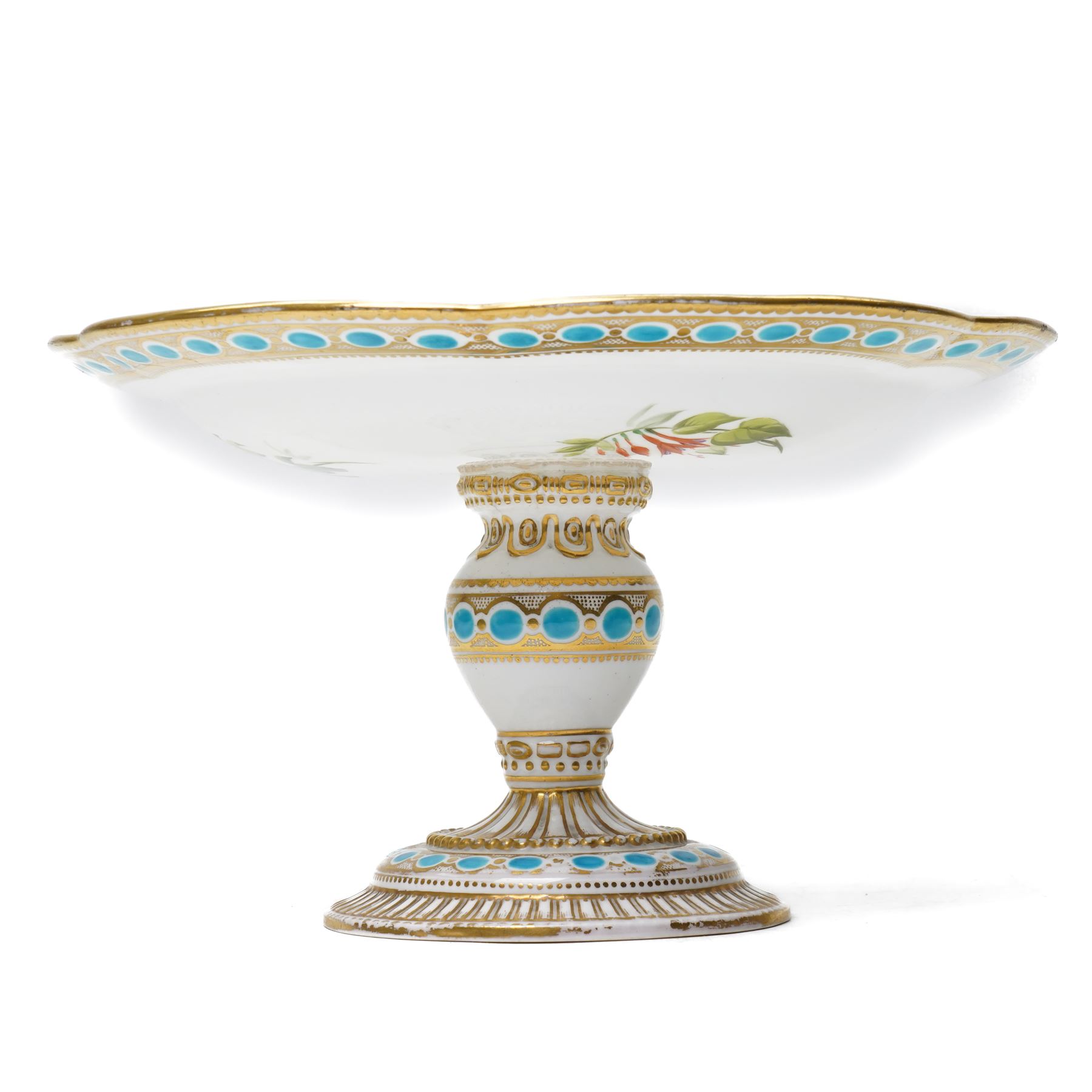19th century tazza or compote, hand painted with flowers within gilt and turquoise borders, H16cm 