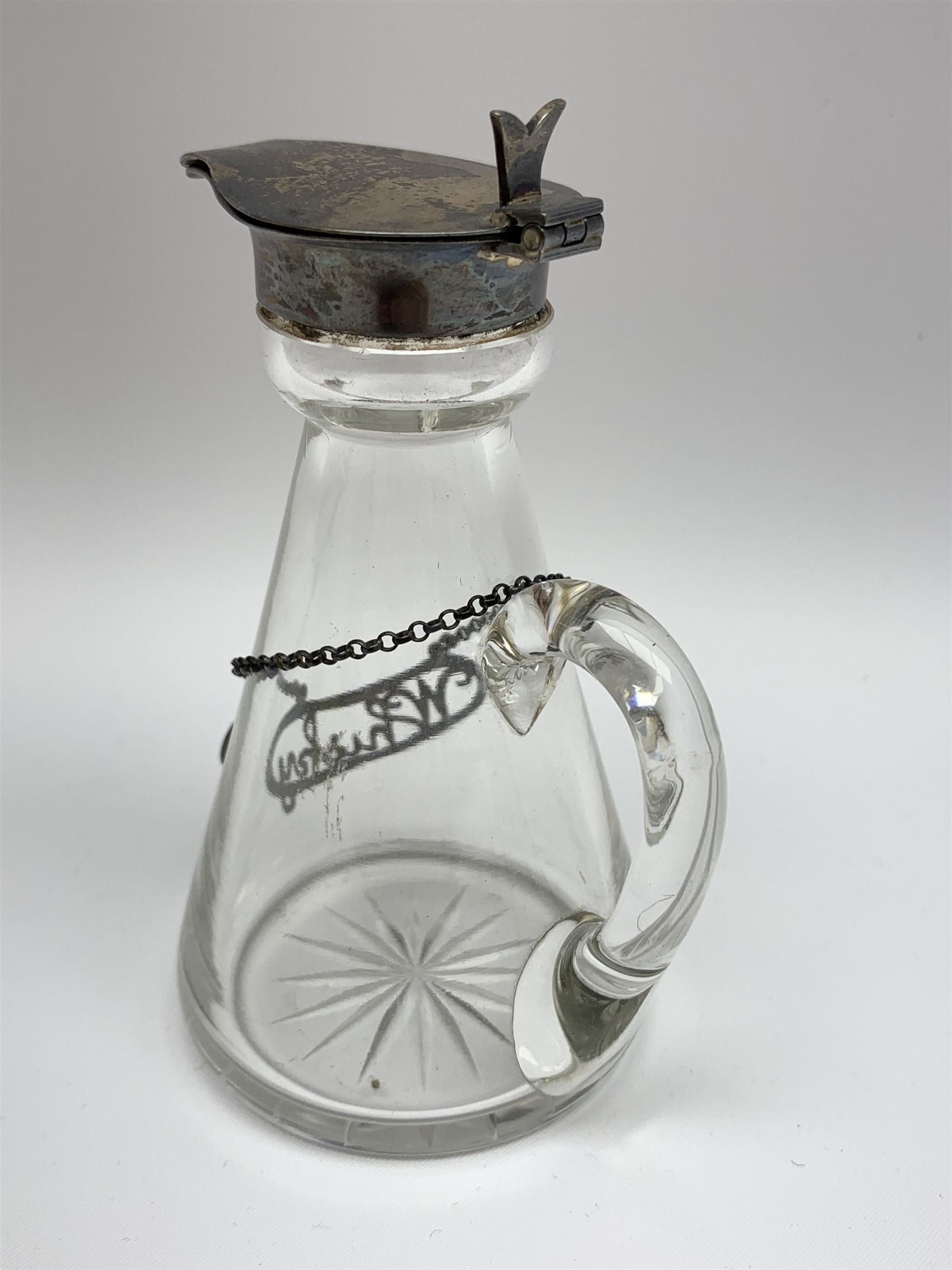 Edwardian silver mounted whisky noggin, of tapering cylindrical form with hinged flat cover, H11cm, together with a silver whisky label, each hallmarked Levi & Salaman, Birmingham 1909