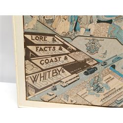 After Graham Leach (British 20th century): 'Lore & Legends, Facts & Figures, Coast & Country of Whitby & District', c.1950s colour map with annotations and distance table 71cm x 85cm