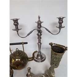 Collection of metal ware, including Viners silver plated candelabrum, metal birds, 
 horse brasses etc
