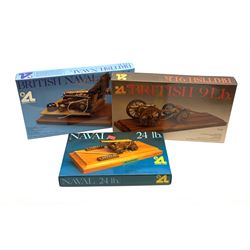Three Artesania Latina wood and brass model kits of cannons including British 9lb, Naval 24lb and British Naval 12lb; all boxed with instructions and components in factory sealed transparent packaging (3)